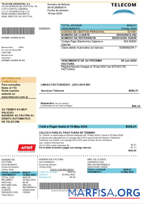 Realistic Argentina Telecom business utility bill template in Word and PDF format fully editable, good for address prove